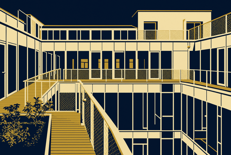 Immeuble de bureau Paris très vitré Vue d'un bâtiment moderne avec un patio, balcons, et éléments architecturaux.