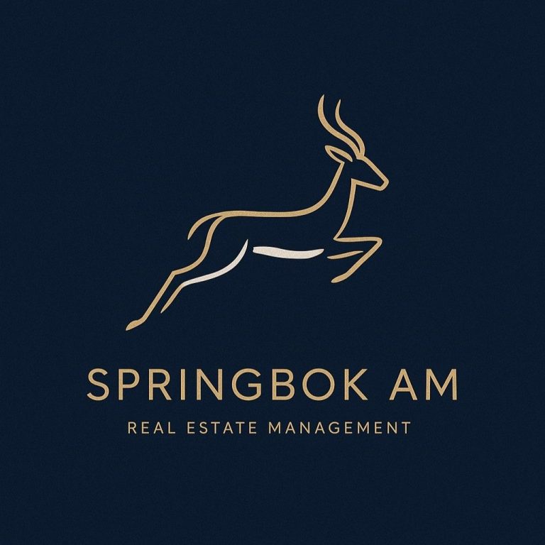 Logo de Springbok AM avec une antilope dorée sur fond bleu, mentionnant la gestion immobilière.