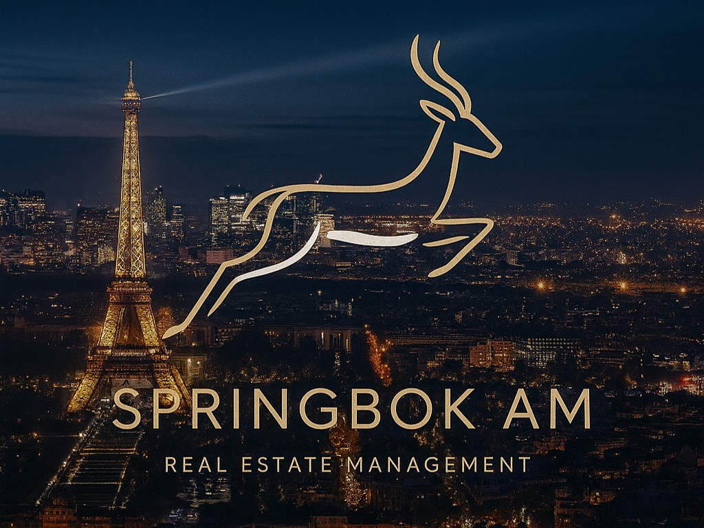 Logo de Springbok AM avec une silhouette d'antilope sur fond de Paris.