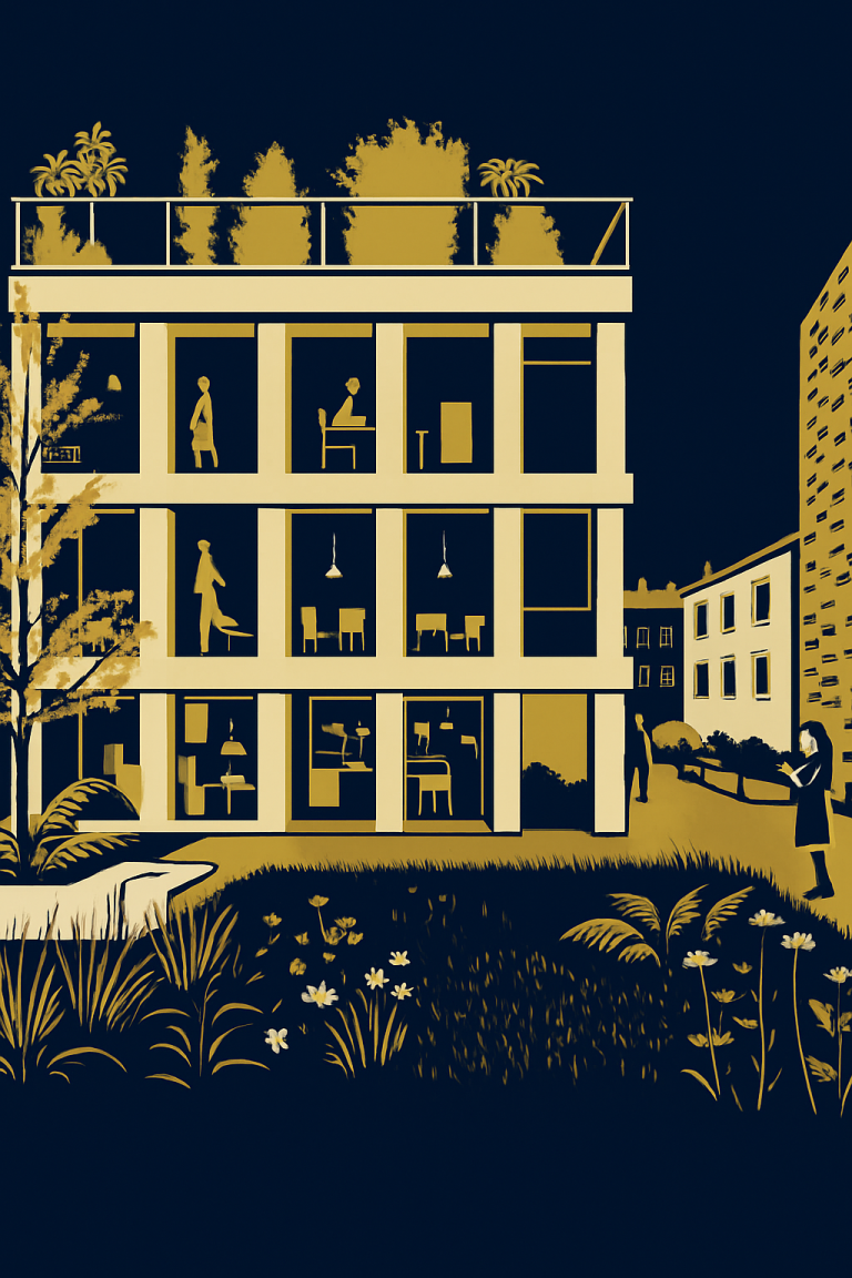 Bâtiment moderne avec plusieurs étages, balcon et toiture fleurie, utilsateurs, travaux façade. Développement immobilier