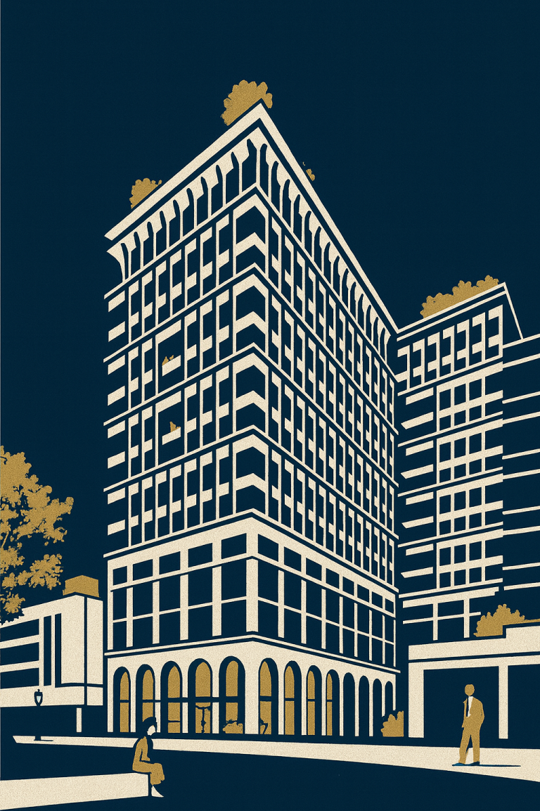 Bâtiment moderne avec des arbres sur le toit, style architectural épuré. Tour IGH tertiaire transformée en résidentiel et commerce